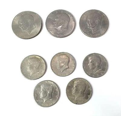 1970s eisenhower silver dollars 3) and kennedy half dollars (5)
