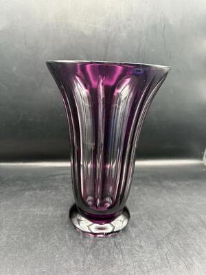 Signed Caesar Crystal Bohemiae “Visu” Amethyst Cut Crystal Large Banquet Vase 