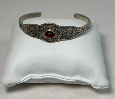 Garnet Center Silver Cuff Bracelet