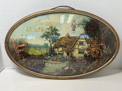 “God Bless Our Home” Convex Bubble Glass Framed Diorama w/ Dried Flowers