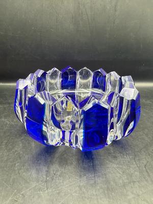 Signed Caesar Crystal Bohemiae “Stripe” Blue Cut Crystal Medium Pistachio Bowl