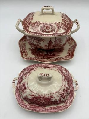 Johnson Brothers Old Britain Castles Red Transfer Ware Lidded Sugar Bowl & Mini Soup Tureen