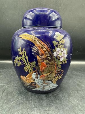 Cobalt and Gold Asian Chinoiserie Porcelain Ginger Jar