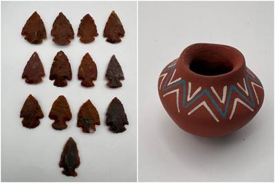 13 Natural Red Jasper Arrowheads & Mini Native American Pot