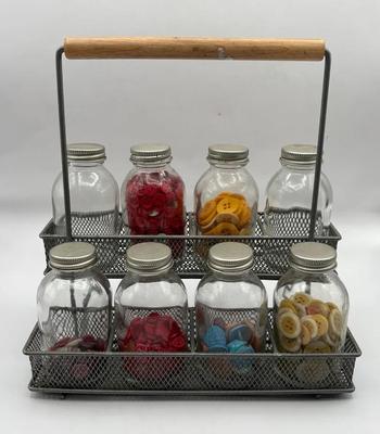 Glass Jar Metal Caddy of Buttons