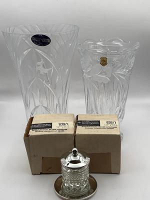 Pair of Crystal Vases & R.W. Rogers Silverplate Condiment Sets w/ Tray