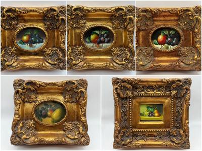 5 Mini Original Still-Life Paintings in Ornate Baroque Frames