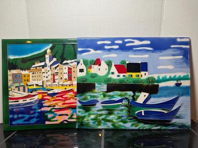 Vintage Hand-Painted Ceramic Harbor Scene Wall Tiles