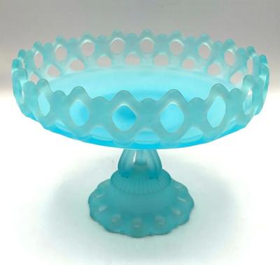 Vintage Westmoreland Handmade Doric Lace Glass Frosted/Satin Light Blue Compote Bowl