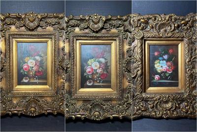 Trio of Floral Still-Life Paintings in Ornate Gilt Baroque Rococo Frames
