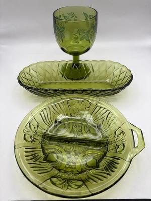 Vintage Indiana Glass Killarney Green Relish Dishes & Goblet