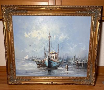 Large Original Decorative Ship Painting on Canvas in Gilt Frame