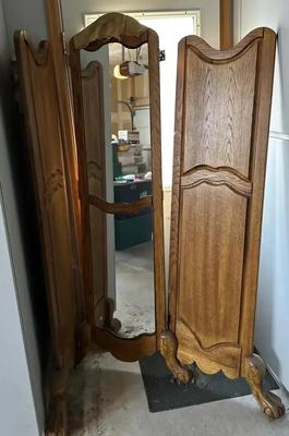 Claw Footed Oak Three Panel Dressing Screen 