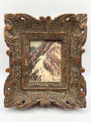 Small Snowy Landscape w/ Hikers Art Piece in Chunky Baroque Gilt Frame