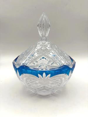 Vintage Anna Hütte Bleikristall Crystal Covered Candy Dish W/ Cobalt Rim