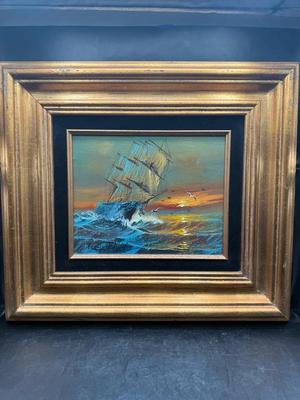 Vintage Preston Willis Oil Painting Tall Ship at Sea 