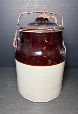 Antique Western Stoneware Two-Tone Crock Jar w/ Wire Bail Lid 
