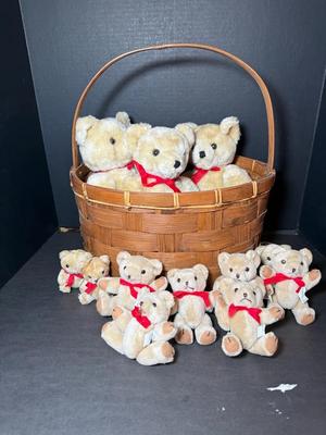Teddy Bear Collection with Red Bows in Woven Basket 