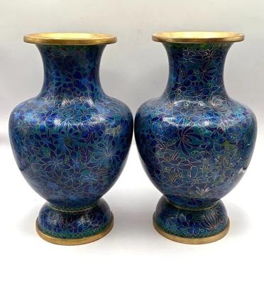 Pair of Chinese Cloissoné Blue Floral Vases