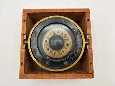 Antique Nautical Wet Compass w/ Brass Gimbal Frame in Wooden Box