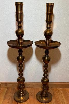 Pair of Vintage Tall Polished Brass Floor Candlesticks