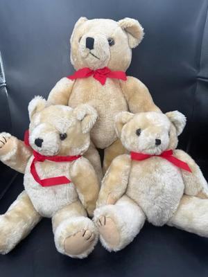 Vintage Plush Teddy Bear Trio with Red Ribbon Bows 
