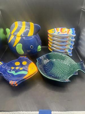 Vintage Hand-Painted Ceramic Fish Cookie Jar & Dish Set