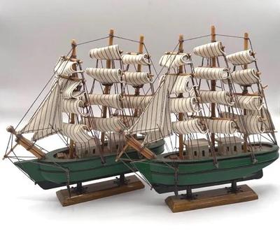 Pair of Green Wooden Full-Rigged Model Ships