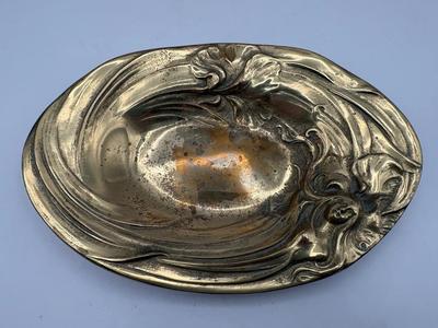 Antique Brass Art Nouveau Trinket Dish Woman & Iris Relief Design