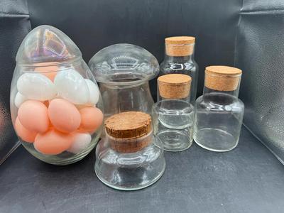 Glass Storage Jar Collection w/ Cork Lids & Decorative Egg Jar