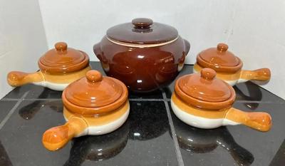 Brown Glaze Soup Pot & Handled Bowls