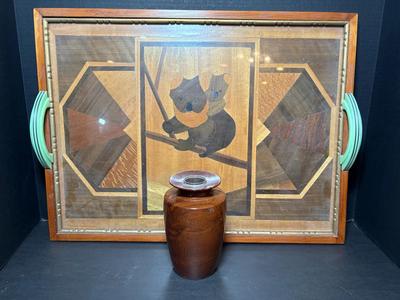 Vintage Marquetry Koala Serving Tray & Wooden Vase