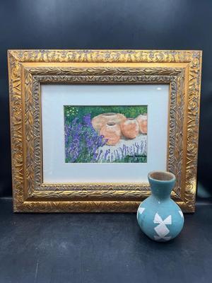 Framed Watercolor Still Life Painting with Pottery & Small Turquoise Decorative Vase