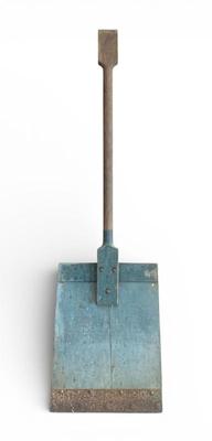 Sale Photo Thumbnail #42: Antique snow shovel in original blue paint, just beautiful. See next pic for handle end.