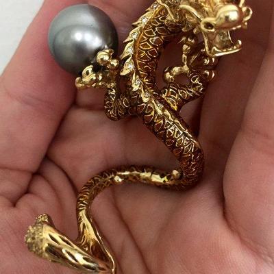 18k Gold & Plique a Jour Dragon Pendant with Tahitian Pearl