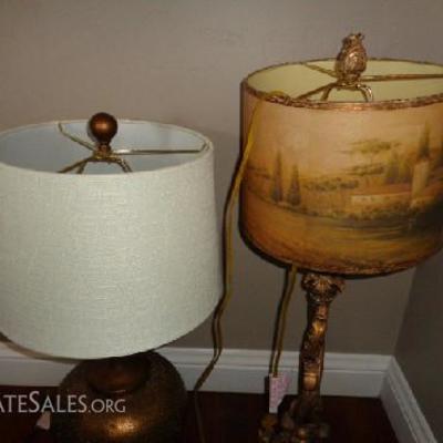 Two golden and tan lamps

-Ball design base, tiny dot and sparkle design accents, off white shade, golden base: 29