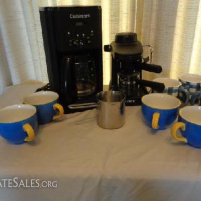 Coffee Makers & 2 Sets of Blue Large Coffee Cups

-Cuisinart black coffee maker -Mr. coffee espresso machine black -4 WCL blue & yellow...
