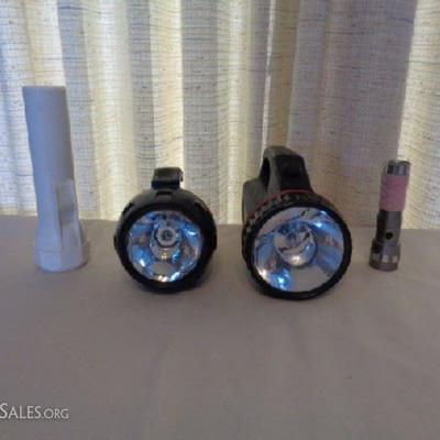 Four flashlights
-Blue Rayovac Value Bright LED flashlight with handle, 65 hours run time -Black Coleman flashlight with handle (needs...