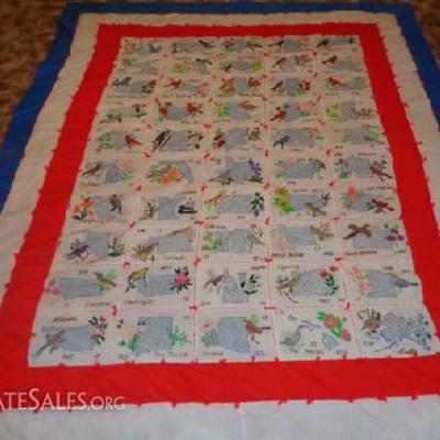 Queen sized state description quilt

Very neat quilt! -Each lists: State bird, State flower and state's established date

Hand painted