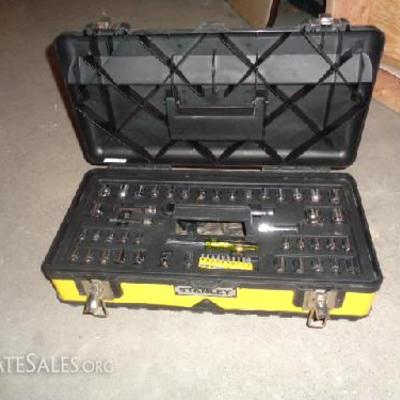 Stanley tool box with tools

-Black and yellow tool box with removable tray filled with sockets: 20