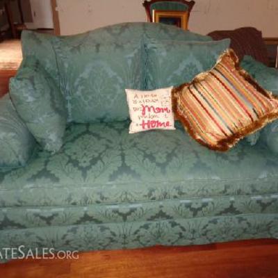 Teal and greenish Baker couch with 6 throw pillows-Comes with 6 throw pillows: 1 striped colorful, 4 greenish teal, 1 