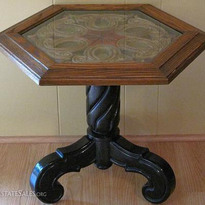 Hexagon Carved Top Oak Table with Glass Inset on a Black Scroll Leg Pedestal Base