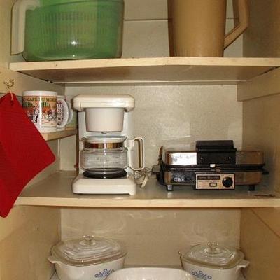 Salad Spinner, Mr. Coffee 4 cup Coffee Maker,  General Electric Vintage Grill/Waffle Baker and Vintage Cornflower Corning Ware