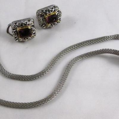 Silvertone Mesh Chain Necklace with Amethyst Rhinestone Setting  and Matching Pierced Earrings