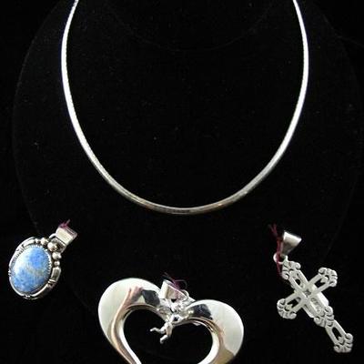 Sterling Choker with Sterling and Turquoise Pendant, Heart with Cherub and Cross Pendants
