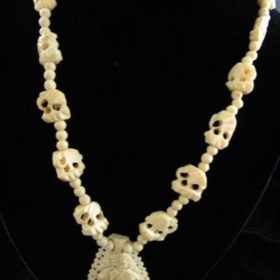 Carved Bone?? Elephants with Beads and Filigree Elephant Pendant