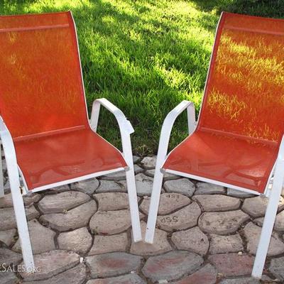 White Metal Lawn/Patio Chairs (2 ea.) with Orange Nylon Mesh Seating
