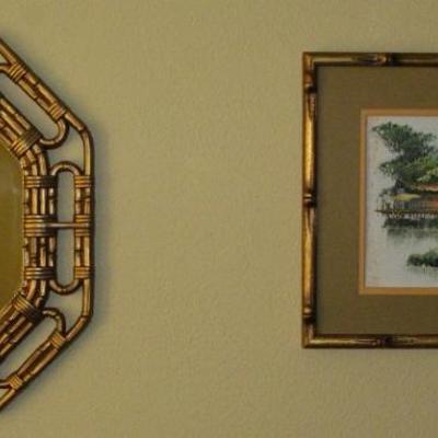 Homeco Syrocco 1983 Accent Mirror and an Original Oil Oriental Boat Scene Matted & Framed in Gold Leaf Bamboo Style Frame