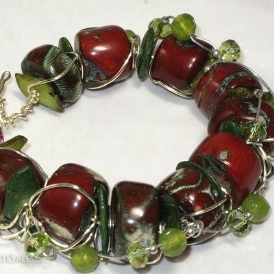 Silver Wire Wrap Rare Large Red Coral Beads and Green Stone beads