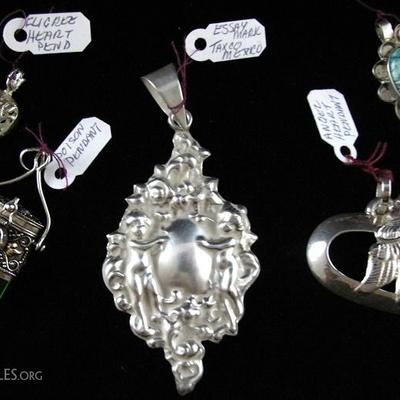 Various Sterling Pendants:  Filigree Heart, Emerald Stone with Sterling Box Top, Large Sterling Cherubs Pendant, Open Heart with Angel &...
